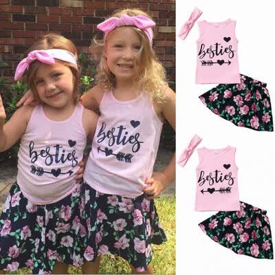 Kids Baby Girls Bestie BFF Tops Vest T shirt Floral Skirt Dress Outfits Clothes